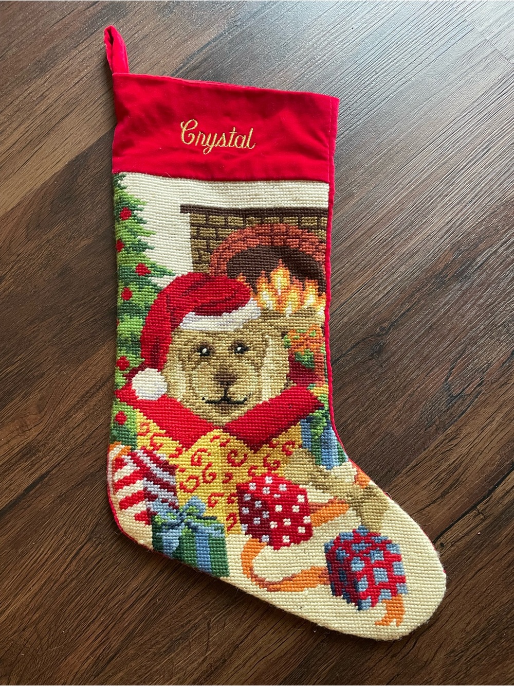 VTG Lillian Vernon Needlepoint Christmas Stocking Dog Fireplace Gifts „CRYSTAL”